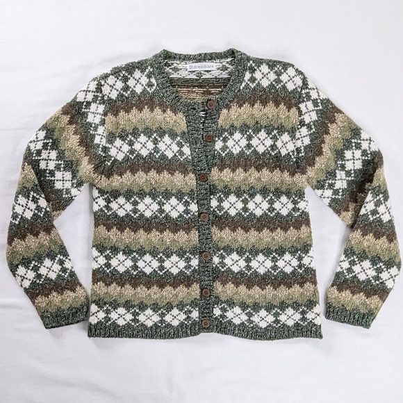 Vintage Sweaters - VTG Green Brown Wool Chunky Knit Argyle Button Up Cardigan Sweater Academia